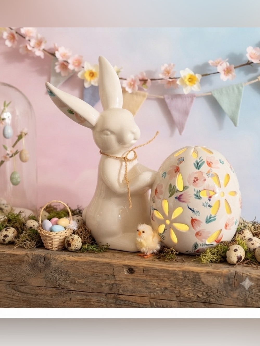 Floral lighted ceramic Easter bunny figurine holding a decorative egg.
